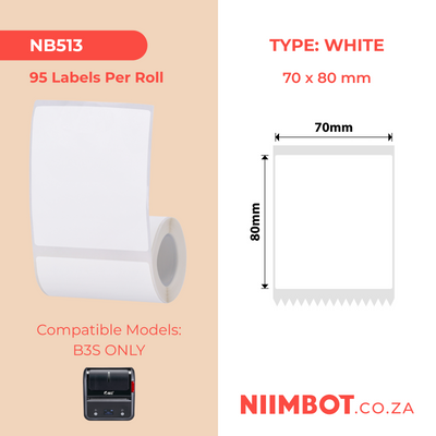 NB513 - NIIMBOT - B3S / B4 ONLY - 70X80MM - 95 WHITE LABELS