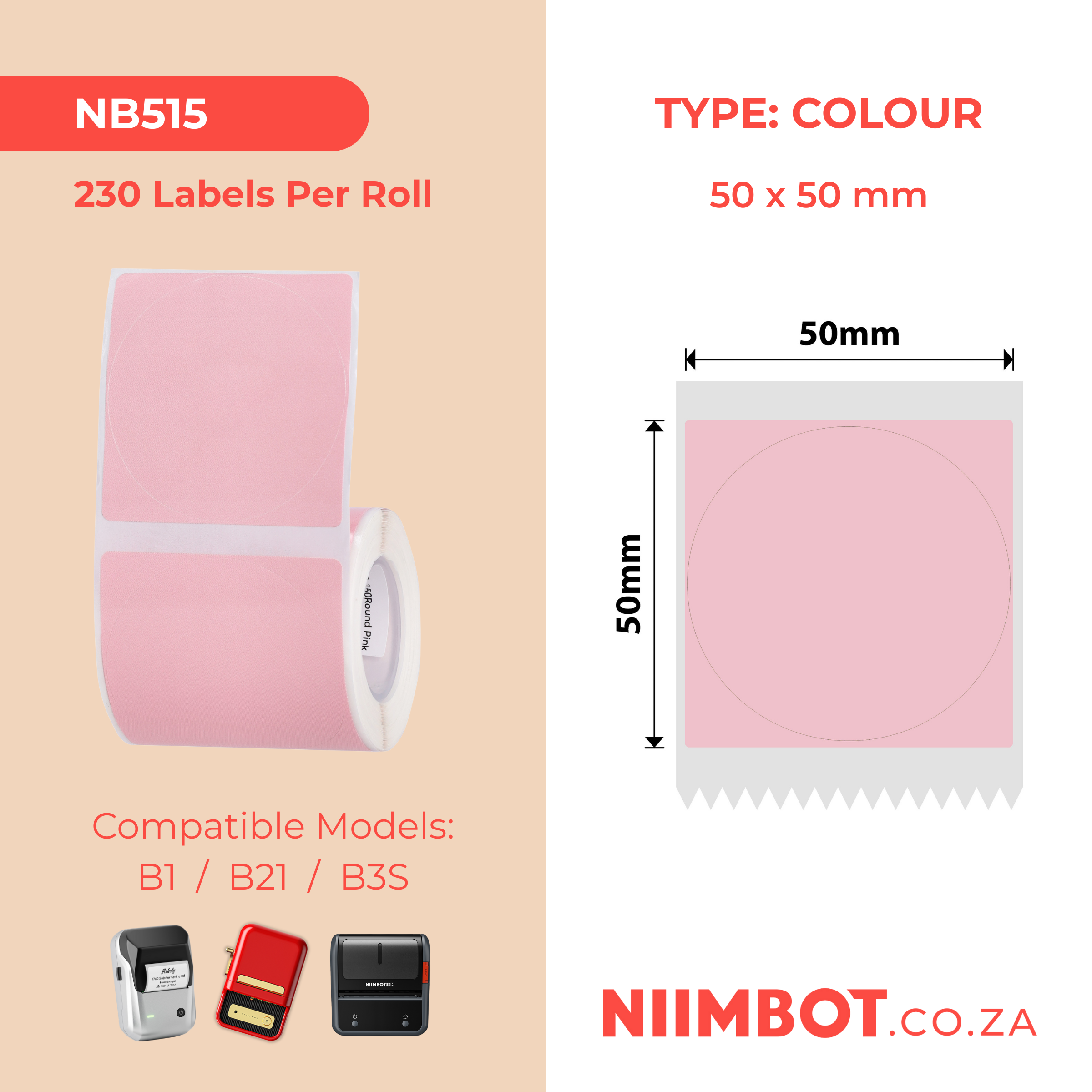 NB515 - NIIMBOT - B1 / B21 / B3S / B4 - 50X50MM - 150 PINK ROUND LABELS
