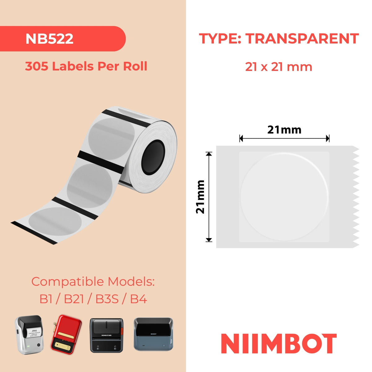NIIMBOT - B Range - 21x21mm - Transparent Round - 305 Labels