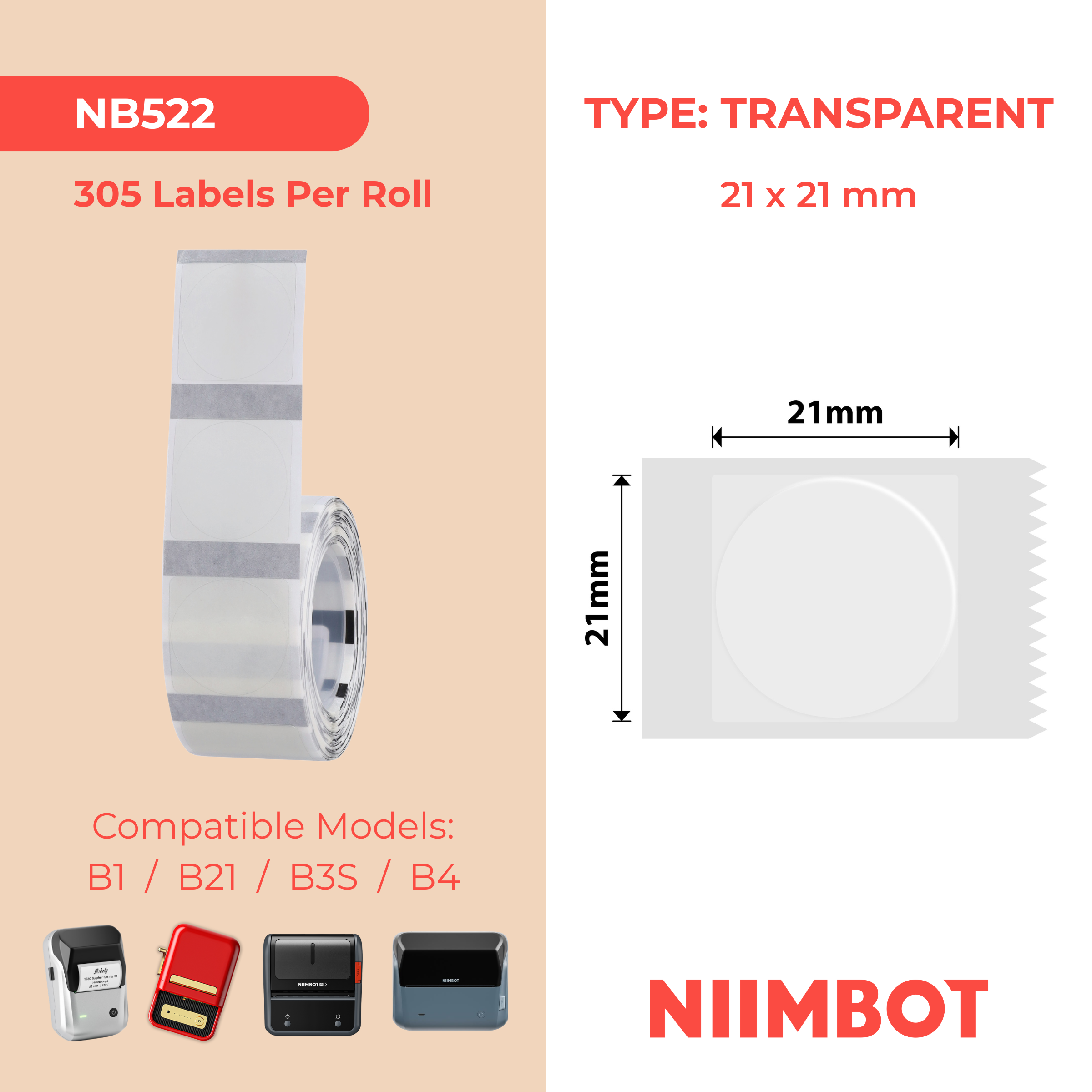 NB522 - NIIMBOT - B1 / B21 / B3S / B4 - 21X21MM - 305 TRANSPARENT ROUND LABELS