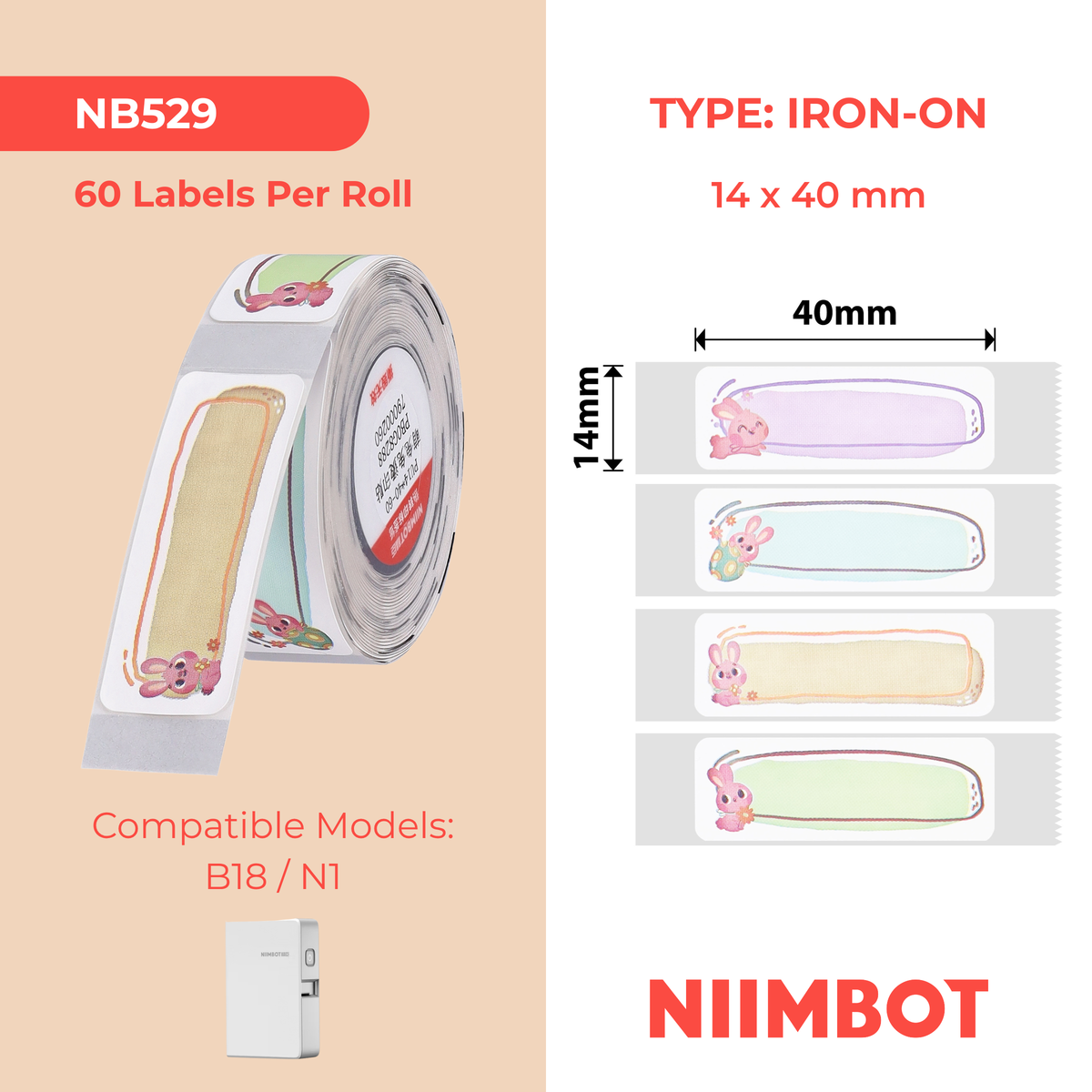 NIIMBOT - N1 - 14x40mm - Cute Bunny Iron On - 60 Labels
