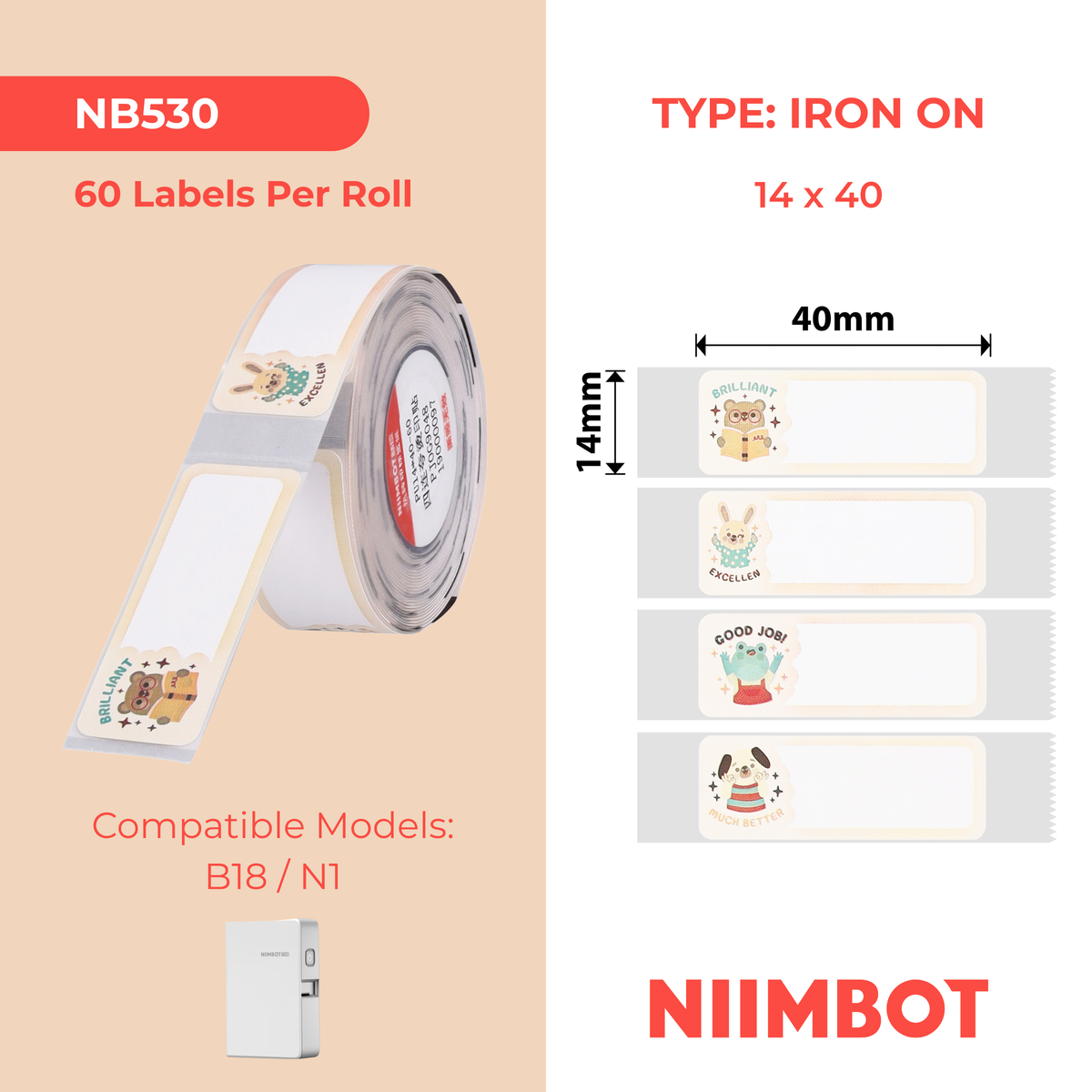 NIIMBOT - N1 - 14x40mm - Inspiring Animals Iron On - 60 Labels
