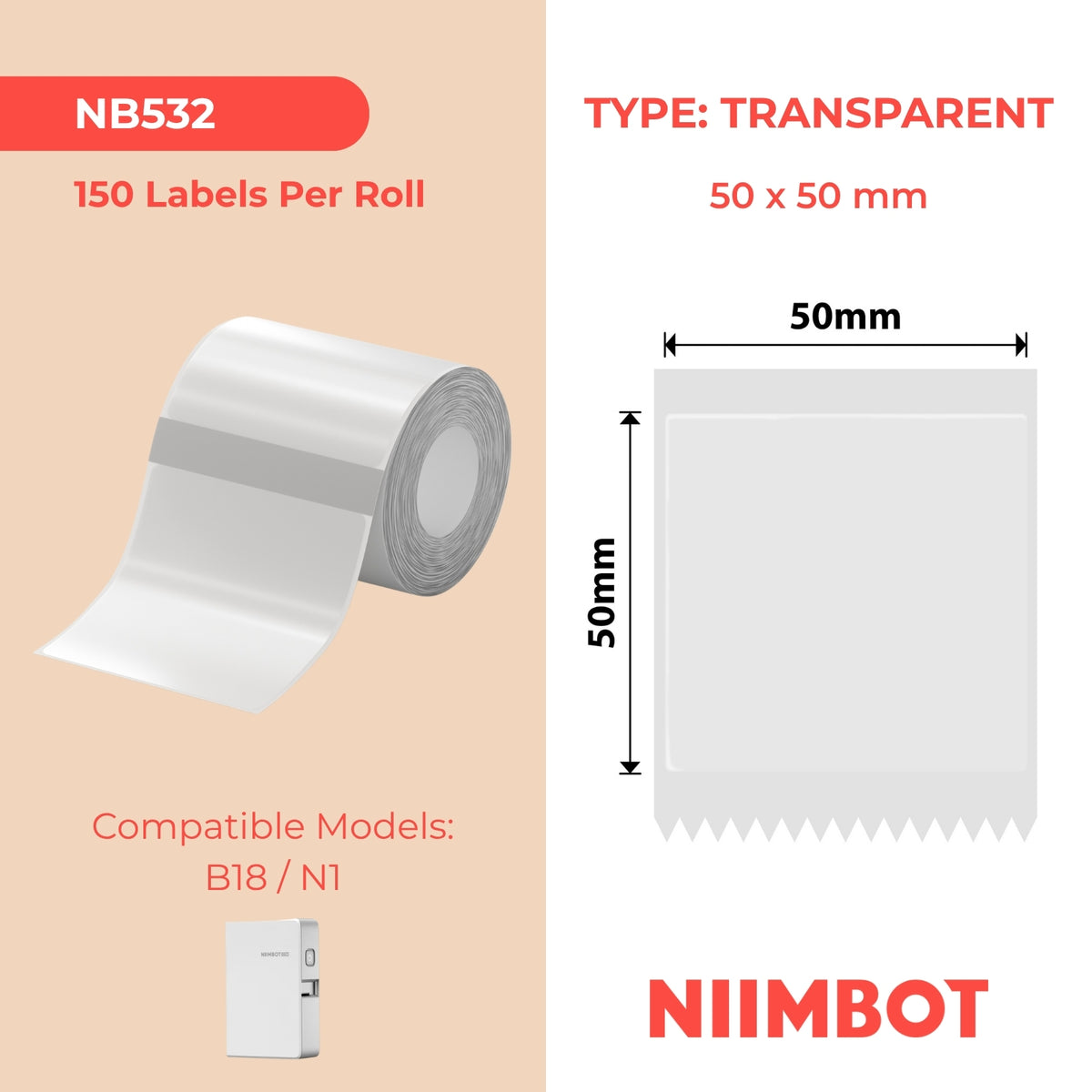 NIIMBOT - B Range - 50x50mm - Transparent - 150 Labels