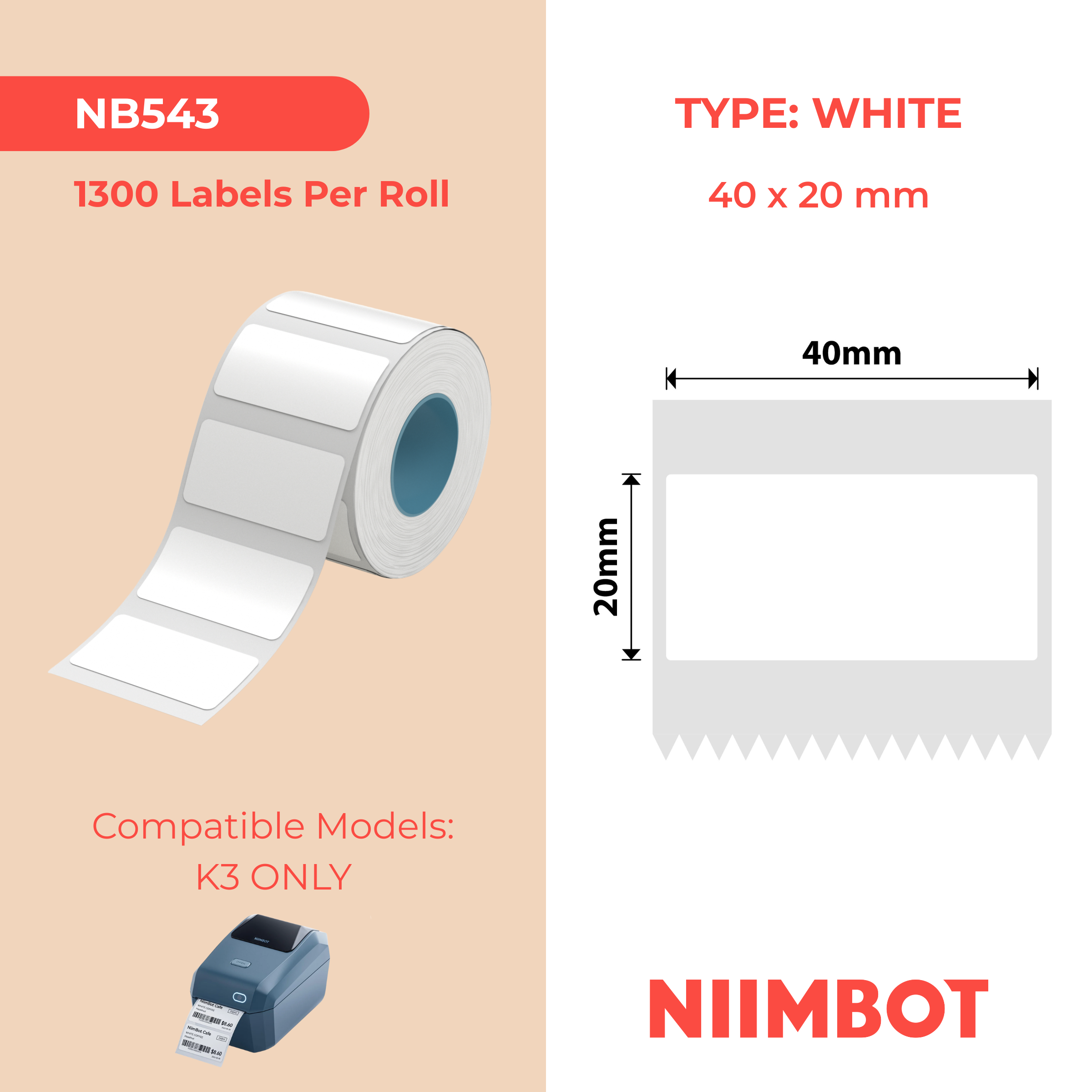 NB543 - NIIMBOT - K2 / K3 - 40X20MM - 1,300 WHITE LABELS