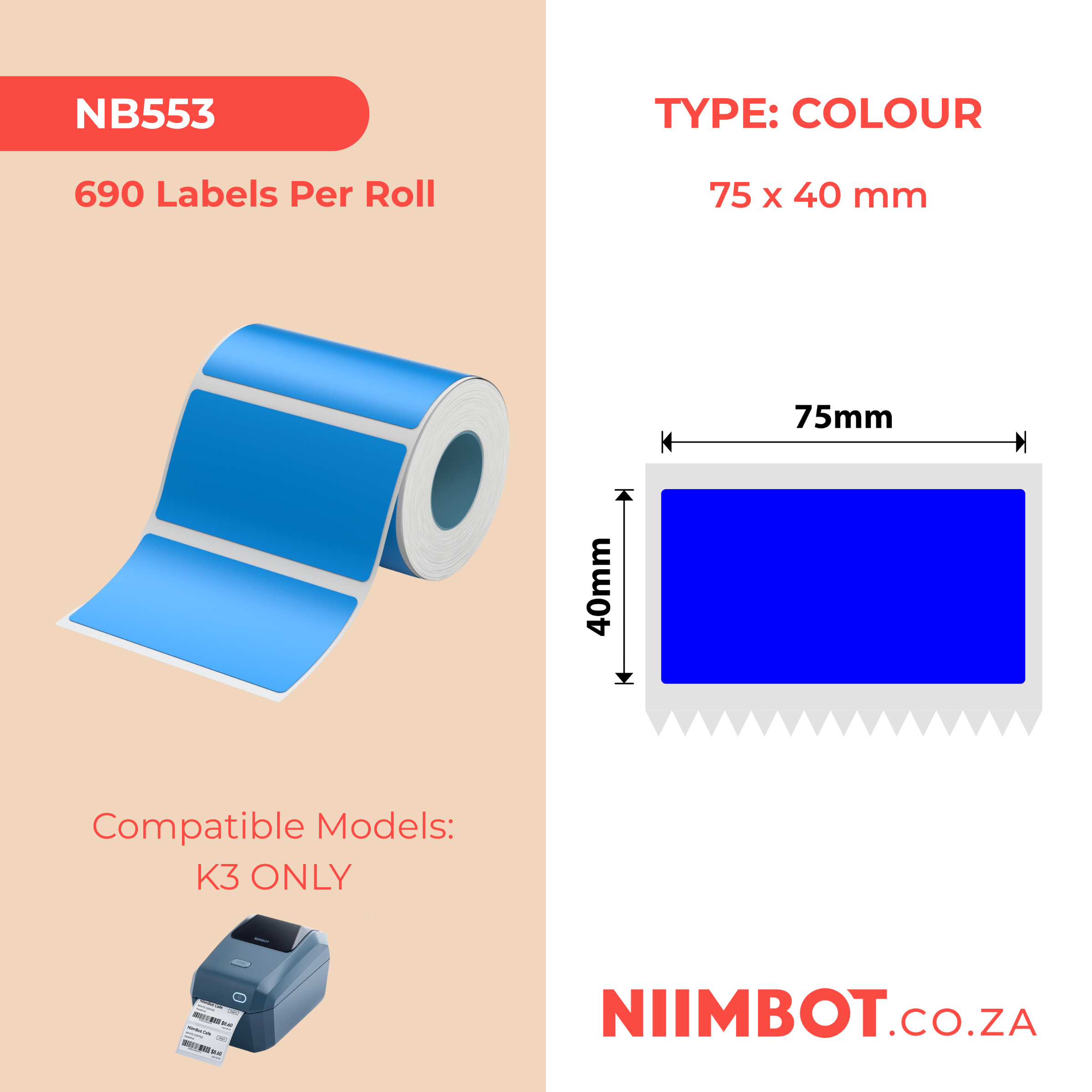NB553 - NIIMBOT - K3 ONLY - 75X40MM - 690 BLUE LABELS