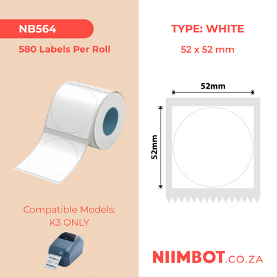 NB564 - NIIMBOT - K3 ONLY - 52X52MM - 580 WHITE ROUND LABELS