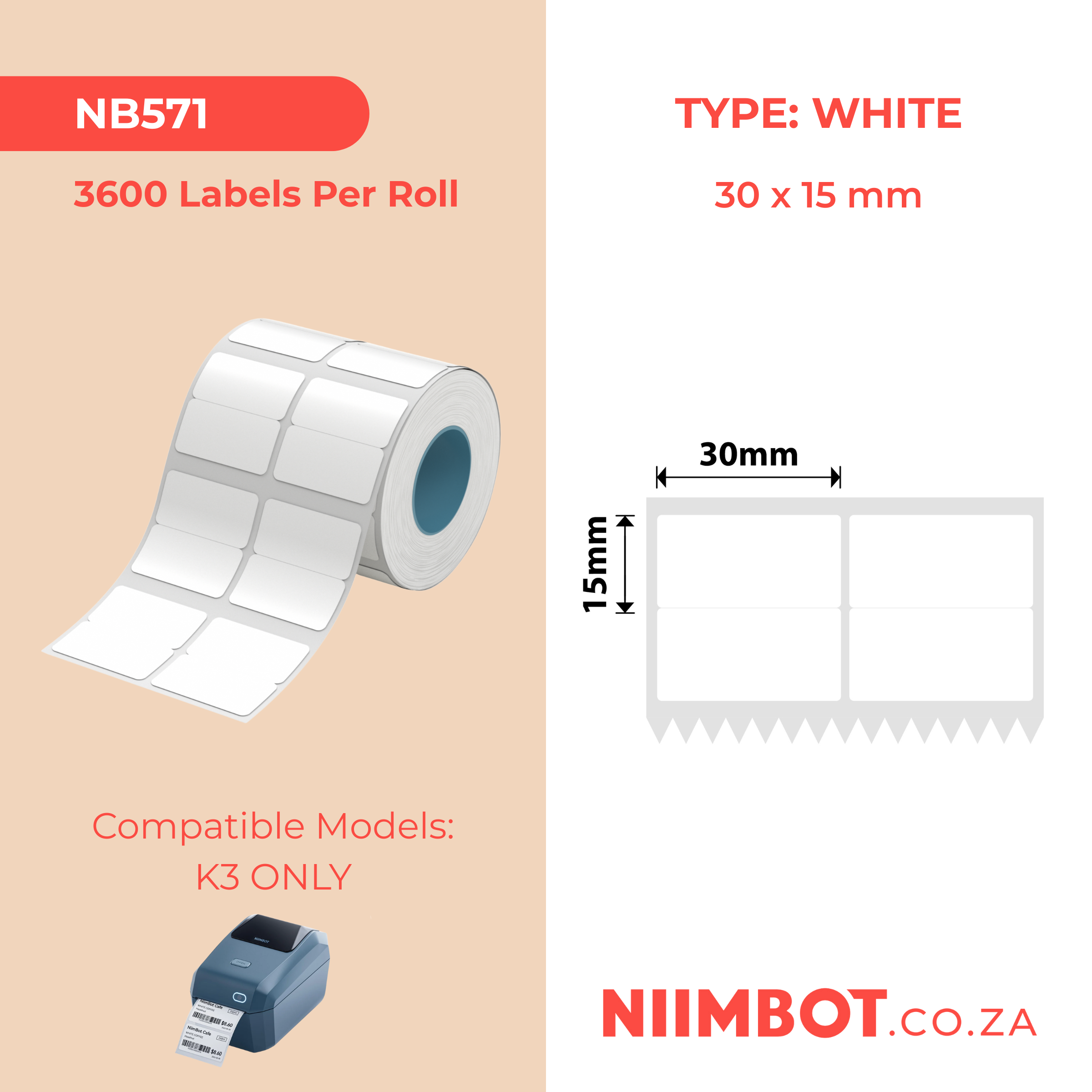 NB571 - NIIMBOT - K3 ONLY - 30X15MM/2L2R - 3,600 WHITE LABELS