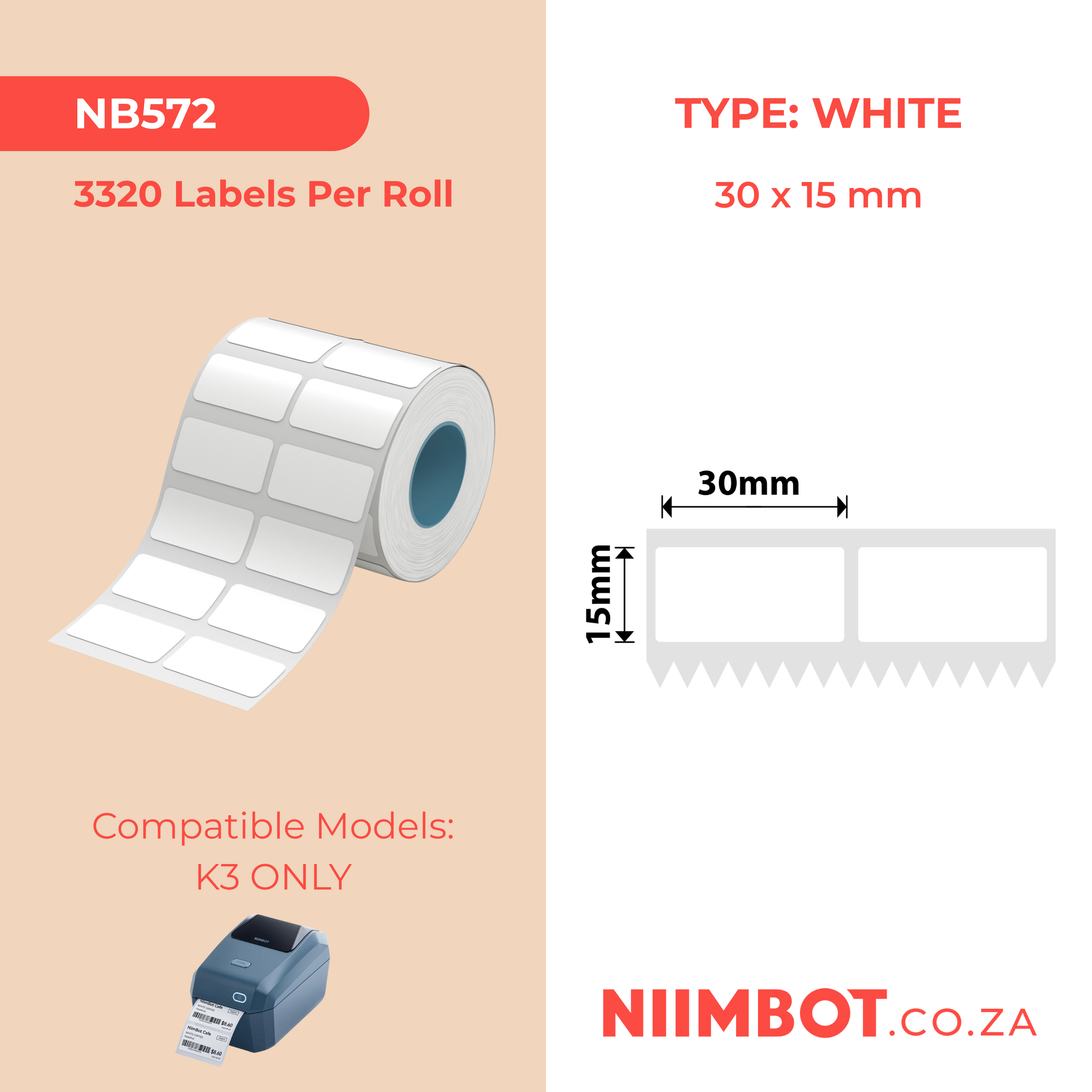 NB572 - NIIMBOT - K3 ONLY - 30X15MM/2L - 3,320 WHITE LABELS