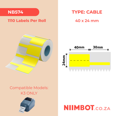 NB574 - NIIMBOT - K3 ONLY - 40X24+30MM - 1,110 YELLOW CABLE LABELS