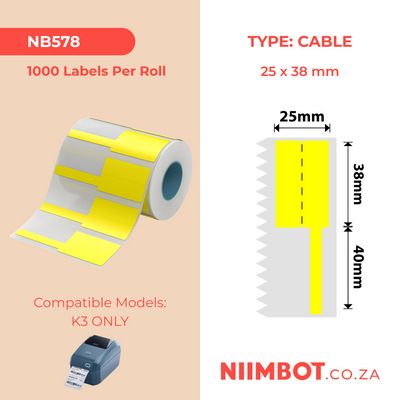 NB578 - NIIMBOT - K3 ONLY - 38X25+40MM - 1,000 YELLOW CABLE LABELS