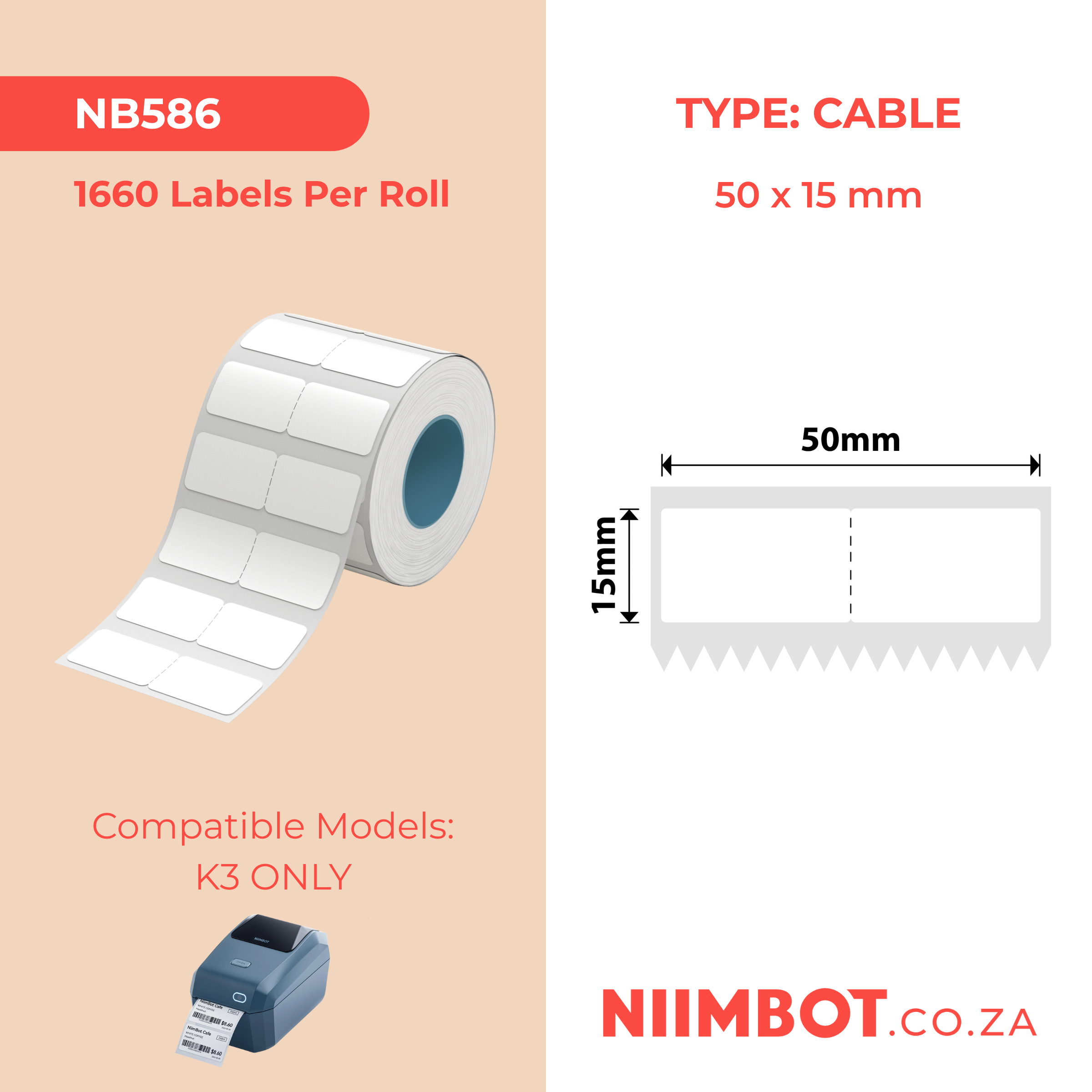 NB586 - NIIMBOT - K2 / K3 - 50X15MM - 1,660 WHITE JEWELLERY LABELS