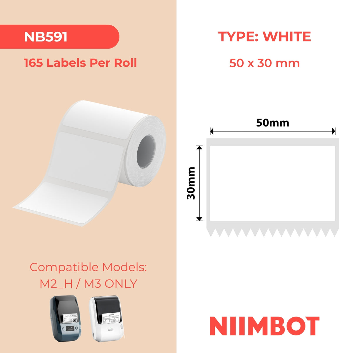 NIIMBOT - M Range - 50x30mm - White PVC - 165 Labels