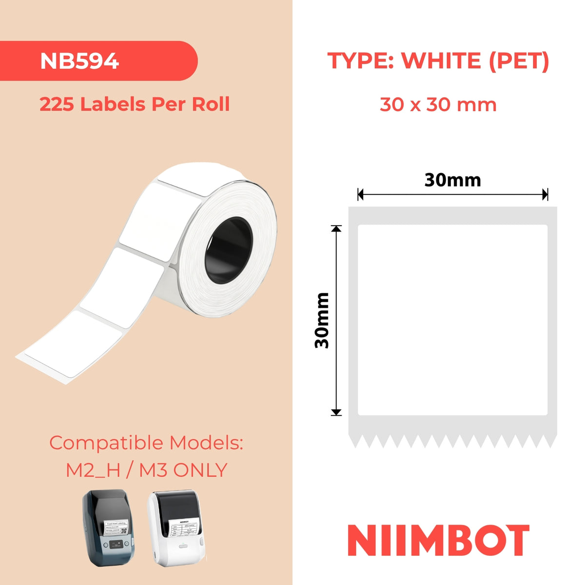 NIIMBOT - M Range - 30x30mm - White PET - 225 Labels