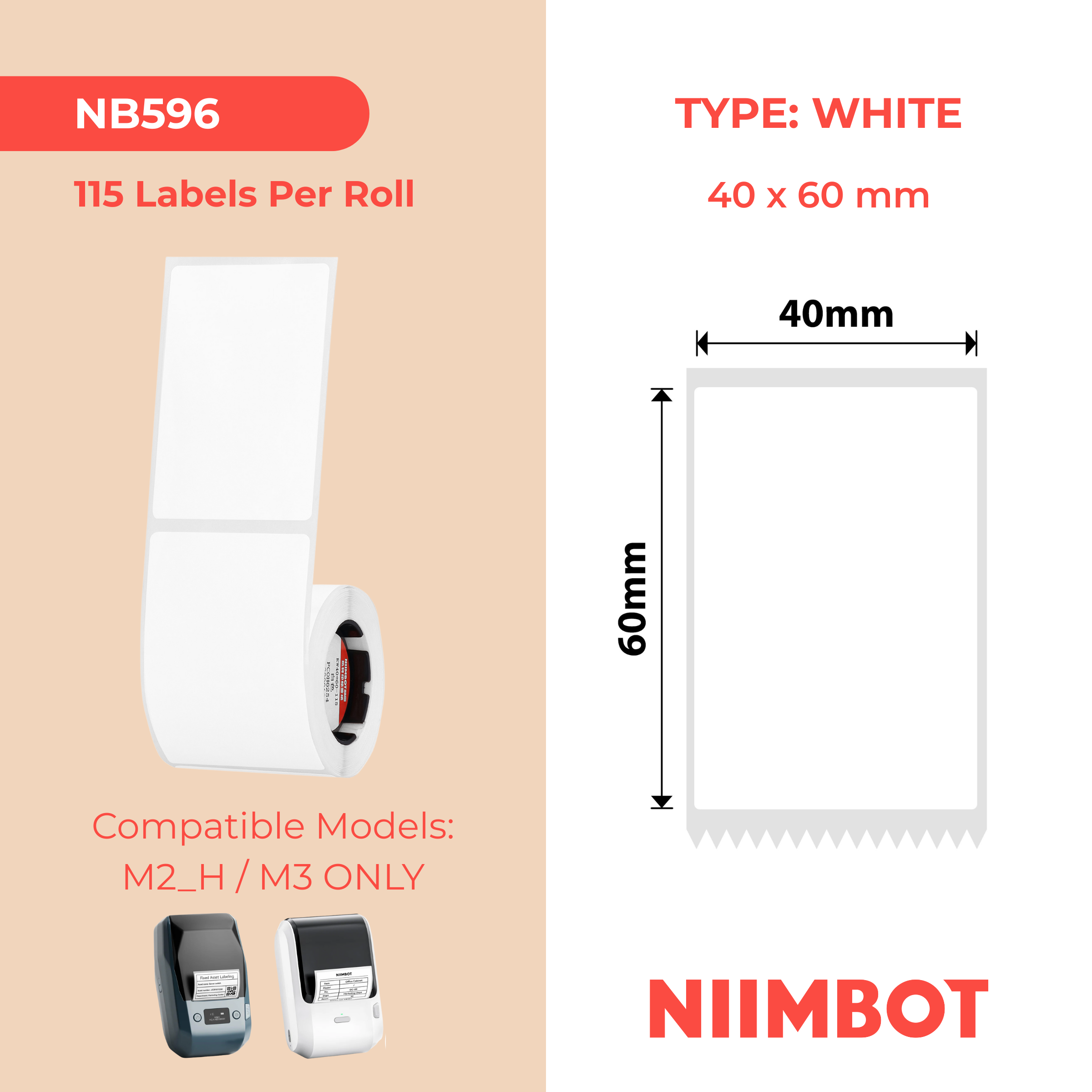 NB596 - NIIMBOT - M2 / M3 - 40X60MM - 115 WHITE PET LABELS