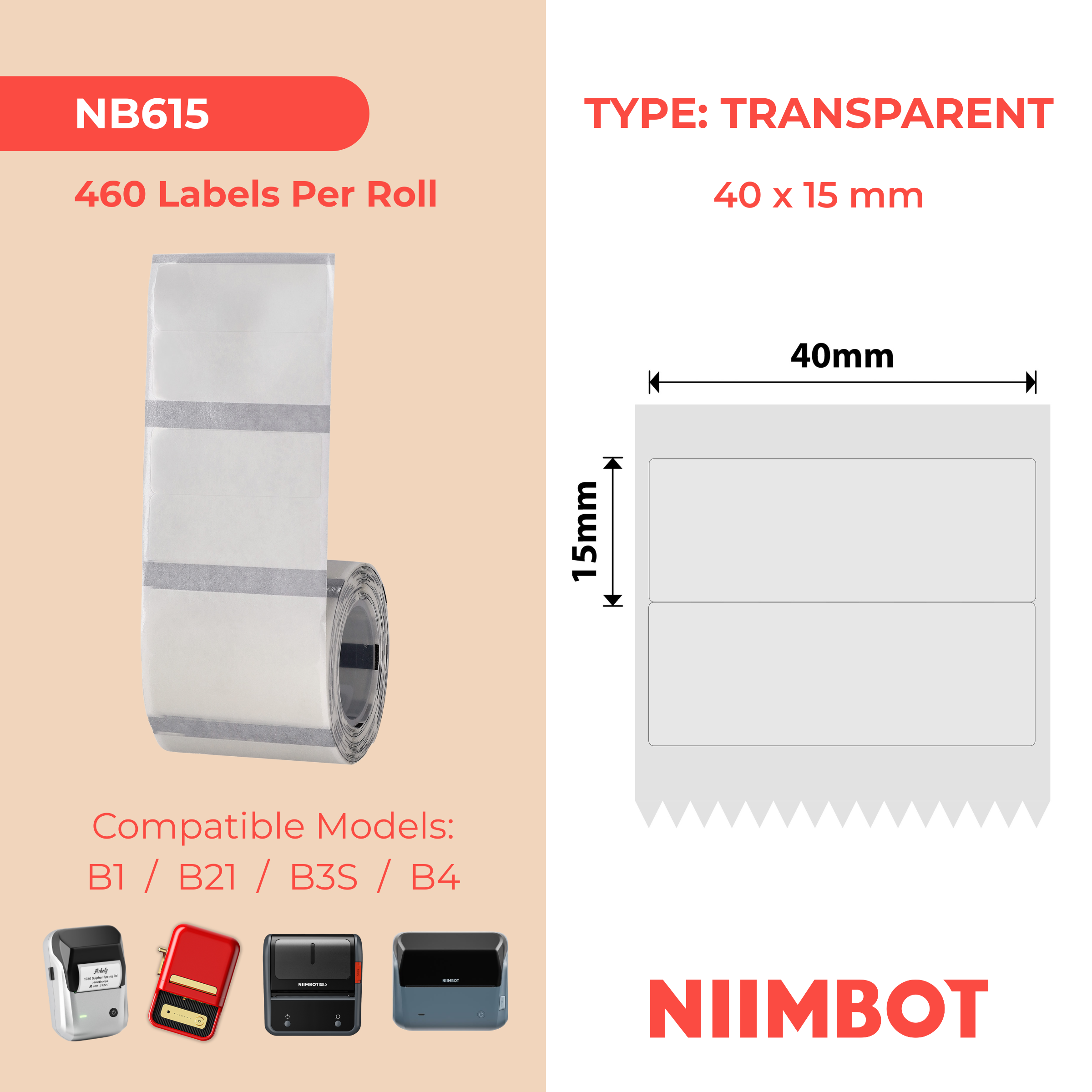 NB615 - NIIMBOT - B1 / B21 / B3S / B4 - 40X15MM/2R - 460 LABELS - TRANSPARENT