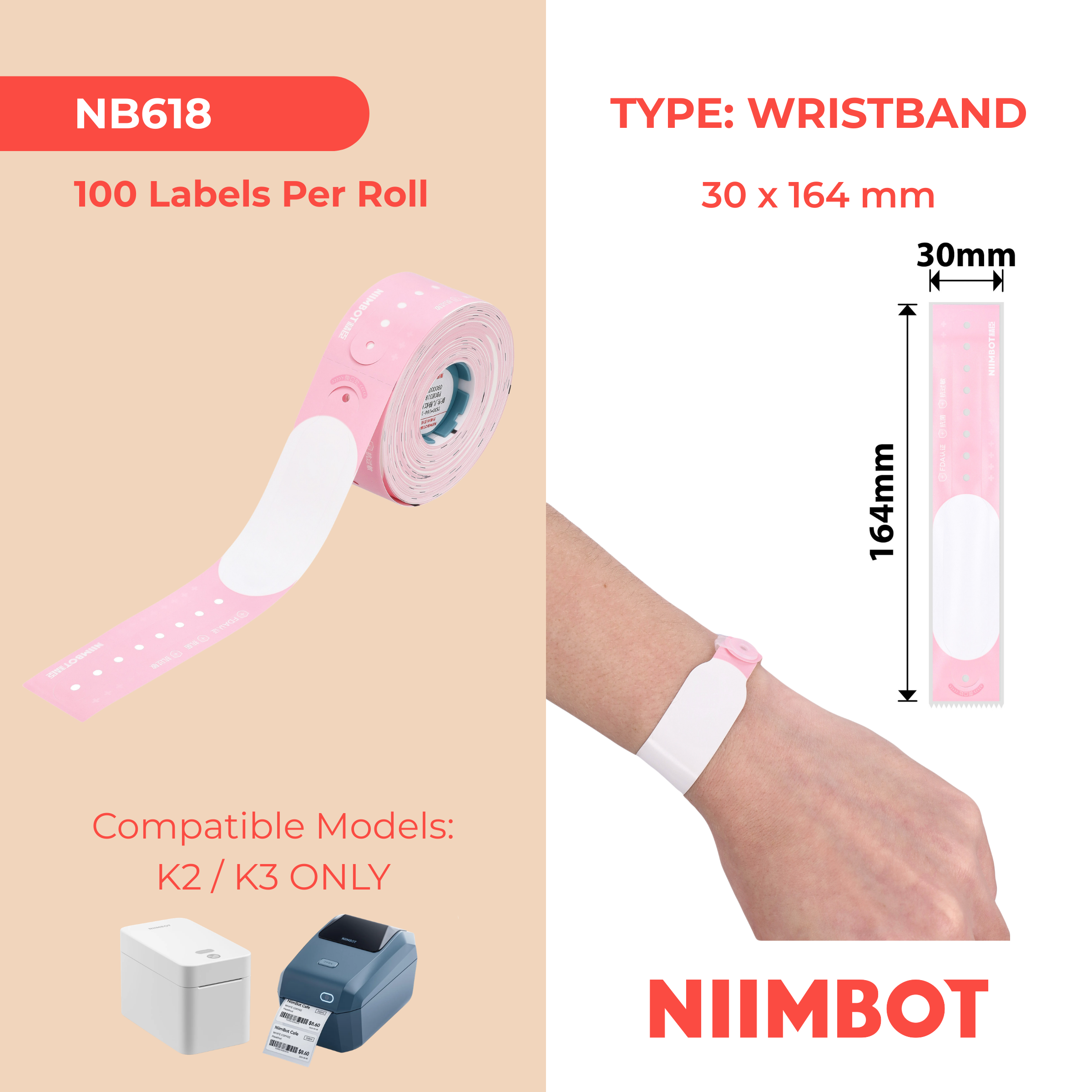 NB618 - NIIMBOT - K2 / K3 - 30X164MM - 100 NEWBORN PINK WRISTBANDS