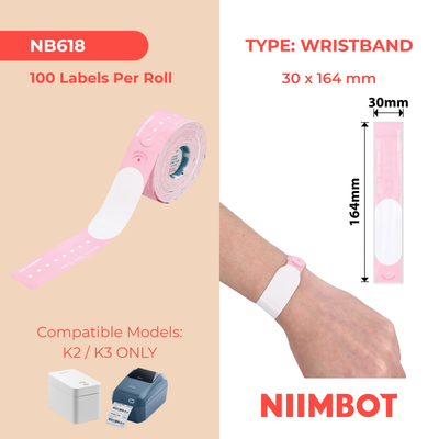 NB618 - NIIMBOT - K2 / K3 - 30X164MM - 100 NEWBORN PINK WRISTBANDS