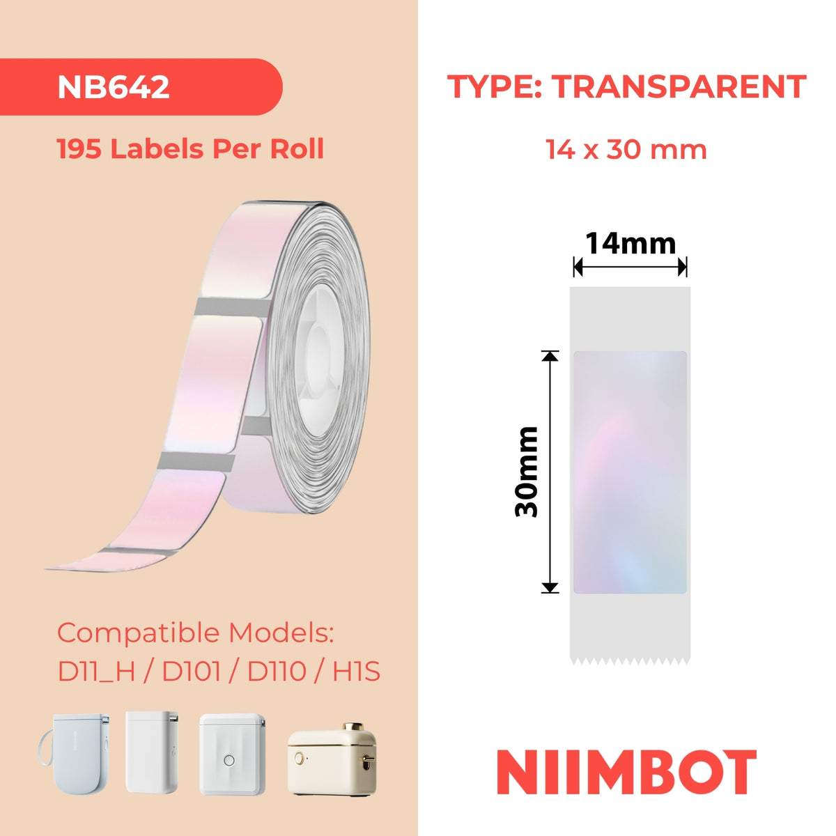 NB642 - NIIMBOT - D11 / D101 / D110 / H1S - TT14X30MM - 195 ÉTIQUETTES - ROSE VIF TRANSPARENT - RECTANGLE