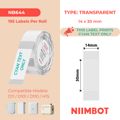 NB644 - NIIMBOT - D11 / D101 / D110 / H1S - 14X30MM - 195 TRANSPARENT CYAN TEXT ONLY LABELS