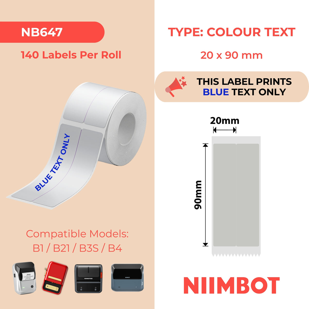 NIIMBOT - Gamma B - 20x90mm/2L - Testo grigio argento e blu - 140 etichette