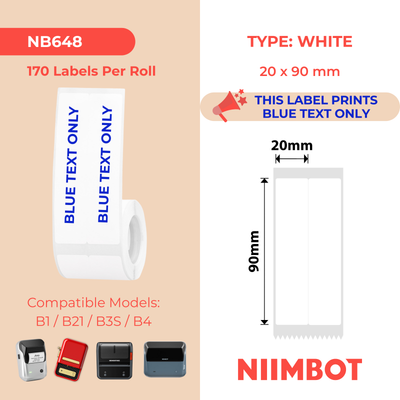 NB648 - NIIMBOT - B1 / B21 / B3S / B4 - 20MMX90MM/2L - 170 WHITE BLUE TEXT LABELS