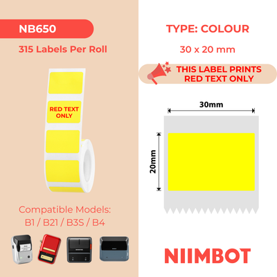 NB650 - NIIMBOT - B1 / B21 / B3S / B4 - 30X20MM - 315 YELLOW RED TEXT ONLY LABELS