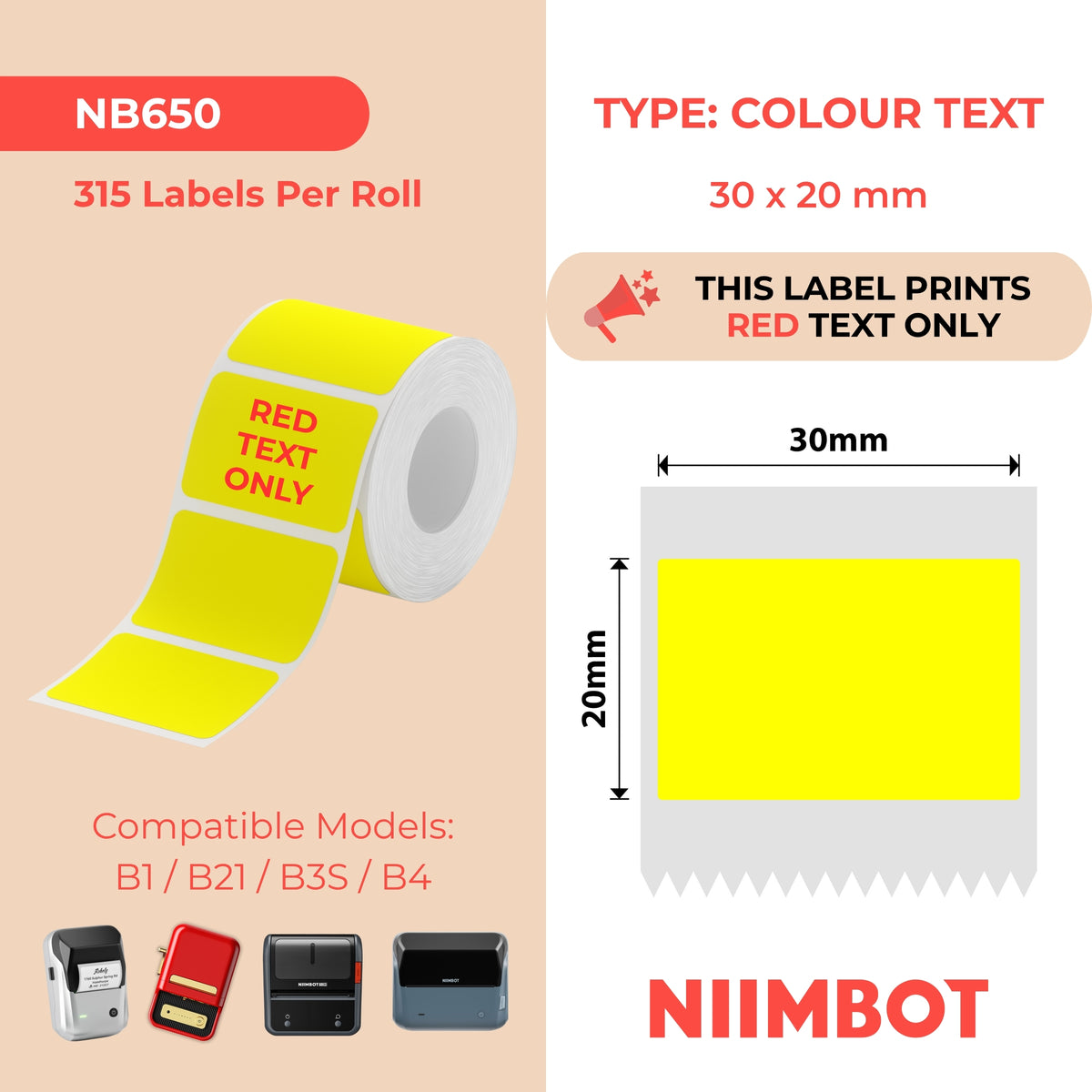 NIIMBOT - Gamma B - 30x20mm - Solo testo giallo e rosso - 315 etichette