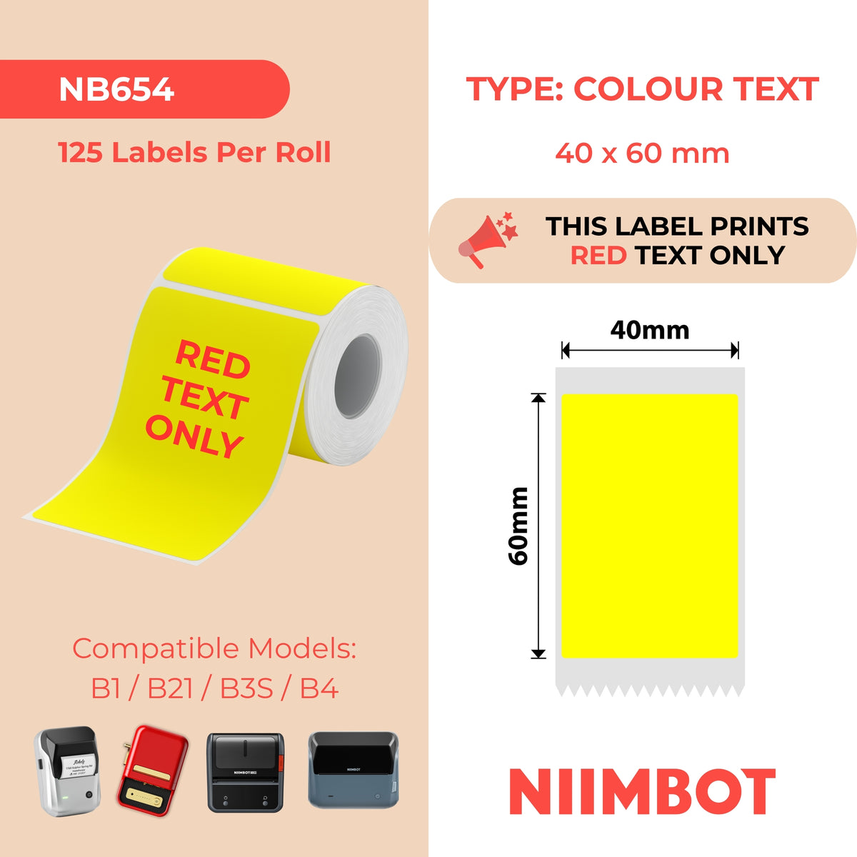 NIIMBOT - Serie B - 40x60mm - Solo testo giallo e rosso - 125 etichette