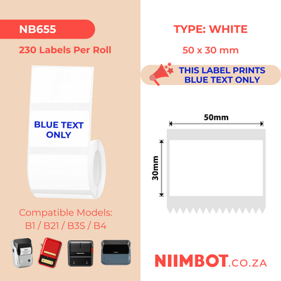 NB655 - NIIMBOT - B1 / B21 / B3S / B4 - 50X30MM - 230 WHITE BLUE TEXT ONLY LABELS