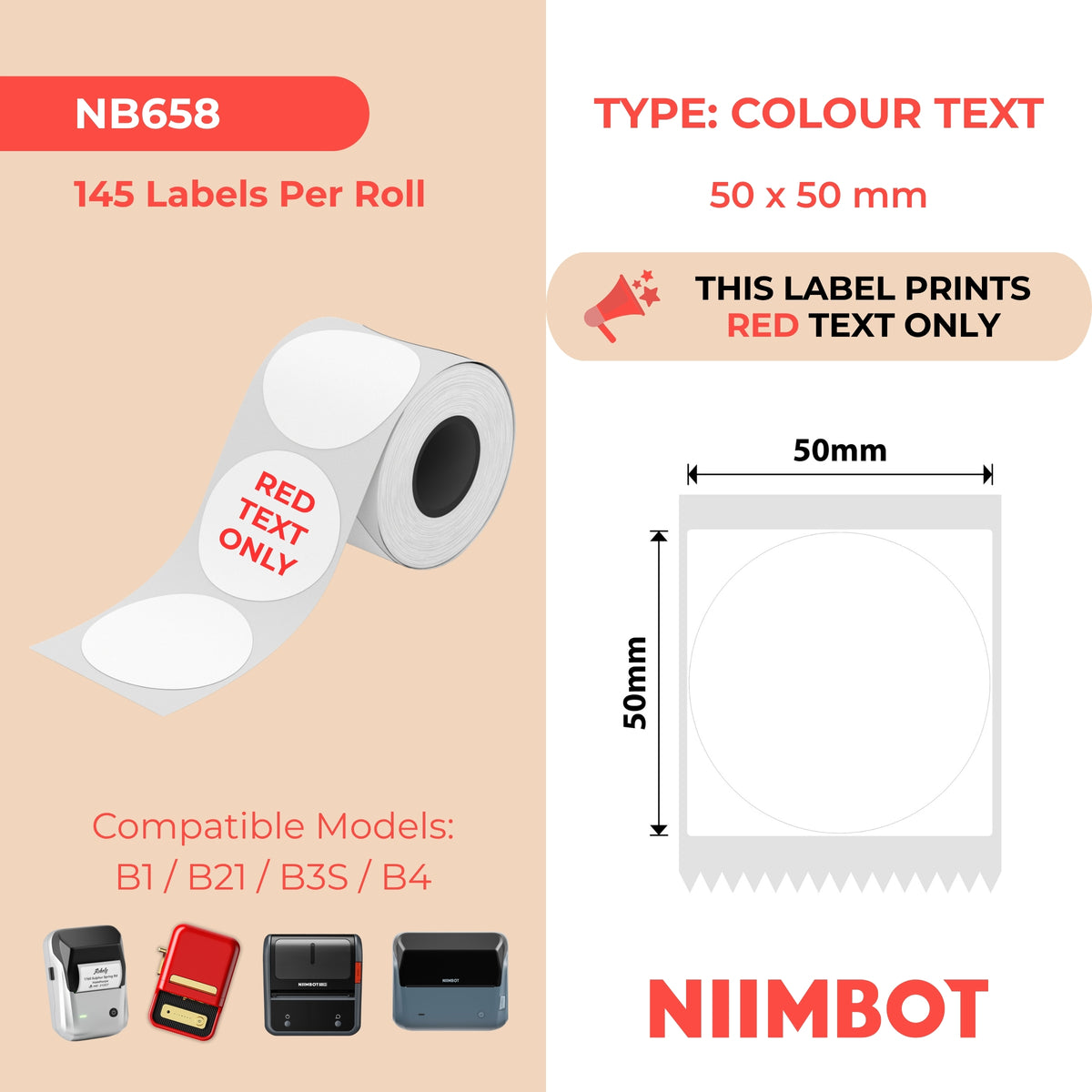 NIIMBOT - Serie B - 50x50mm - Etichette rotonde bianche con testo rosso - 145 pezzi