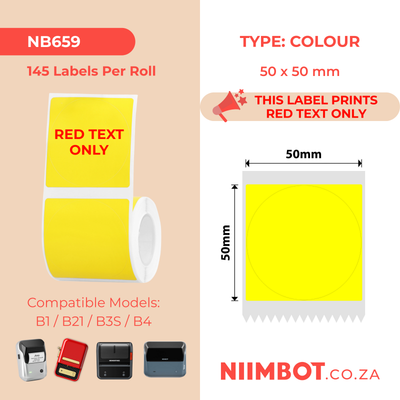 NB659 - NIIMBOT - B1 / B21 / B3S / B4 - 50X50MM - 145 YELLOW ROUND RED TEXT ONLY LABELS