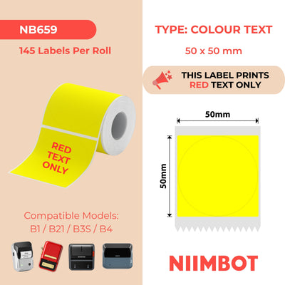NB659 - NIIMBOT - B1 / B21 / B3S / B4 - T50X50 - 145 ÉTIQUETTES PAR ROULEAU - JAUNE - TEXTE ROUGE UNIQUEMENT - ROND