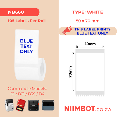NB660 - NIIMBOT - B1 / B21 / B3S / B4 - 50X70MM - 105 WHITE BLUE TEXT LABELS
