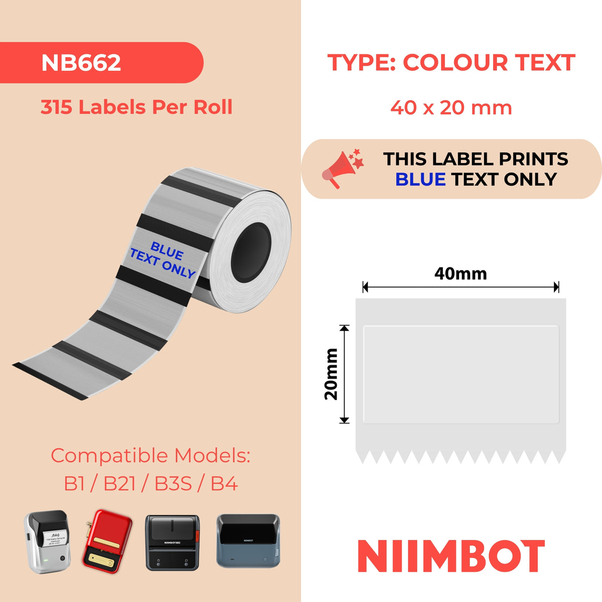 NIIMBOT - Gamma B - 40x20mm - Solo testo blu trasparente - 315 etichette
