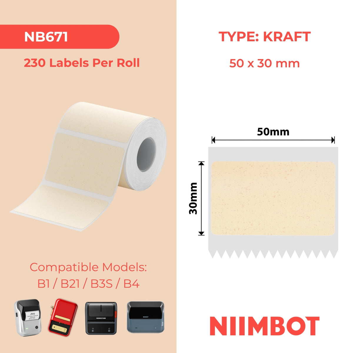 NB671 - NIIMBOT - B1 / B21 / B3S / B4 - 50X30MM - 230 ÉTIQUETTES - KRAFT BEIGE CLAIR
