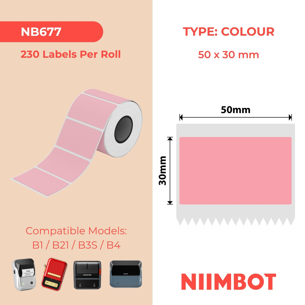 NIIMBOT-Gamme B-50 x 30 mm-Rose clair-230 étiquettes