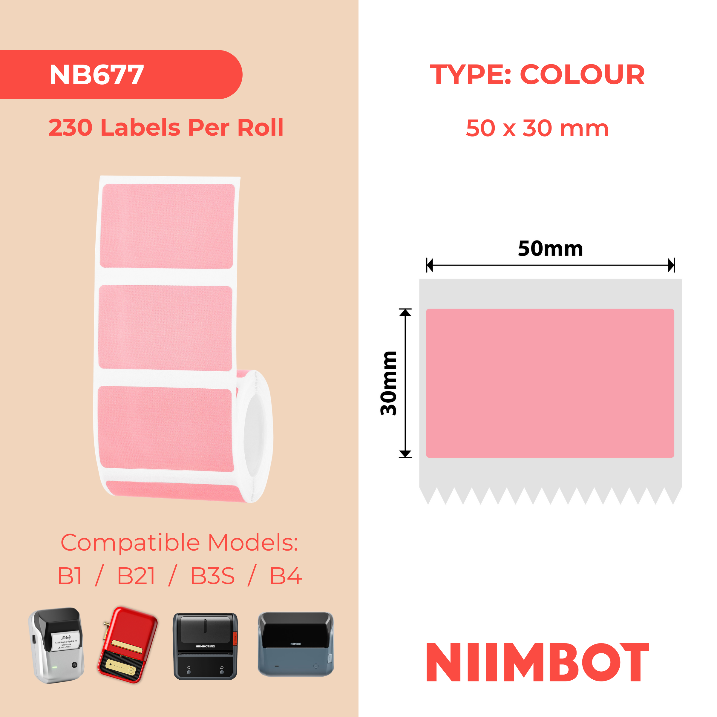 NB677 - NIIMBOT - B1 / B21 / B3S / B4 - 50X30MM - 230 LIGHT PINK LABELS