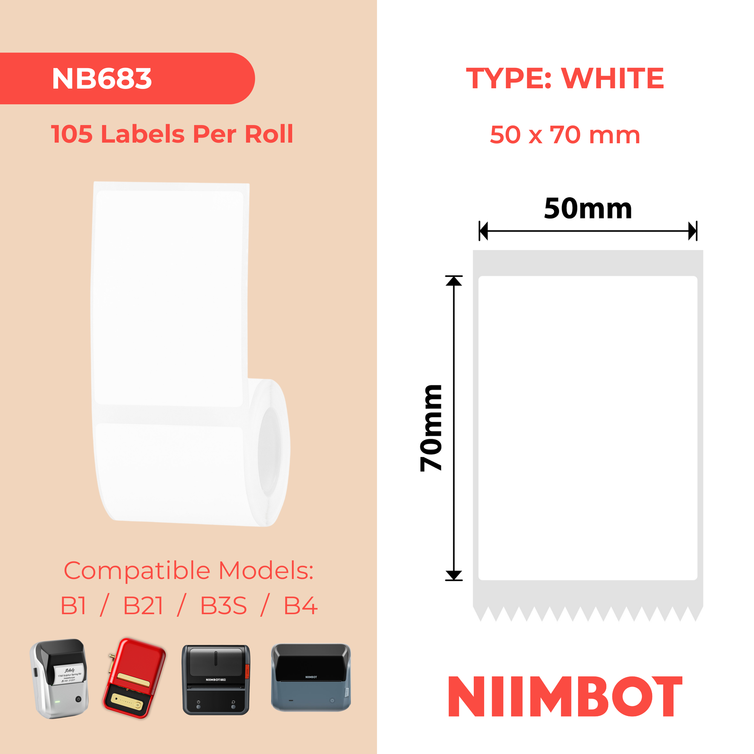 NB683 - NIIMBOT - B1 / B21 / B3S / B4 - 50X70MM - 105 WHITE EXTRA STRONG ADHESIVE LABELS