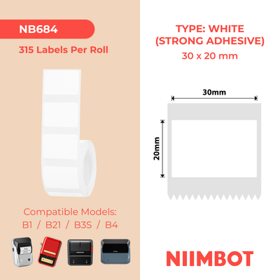 NB684 - NIIMBOT - B1 / B21 / B3S / B4 - 30X20MM - 315 WHITE EXTRA STRONG ADHESIVE LABELS