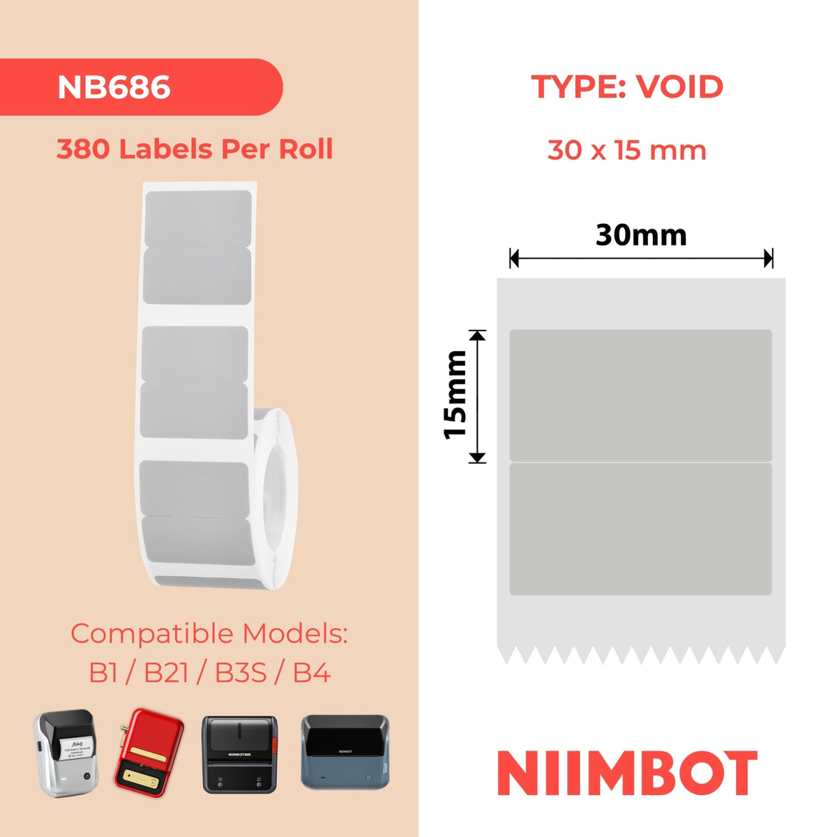 NIIMBOT - B Range - 30x15mm/2R - Grey Void - 380 Labels