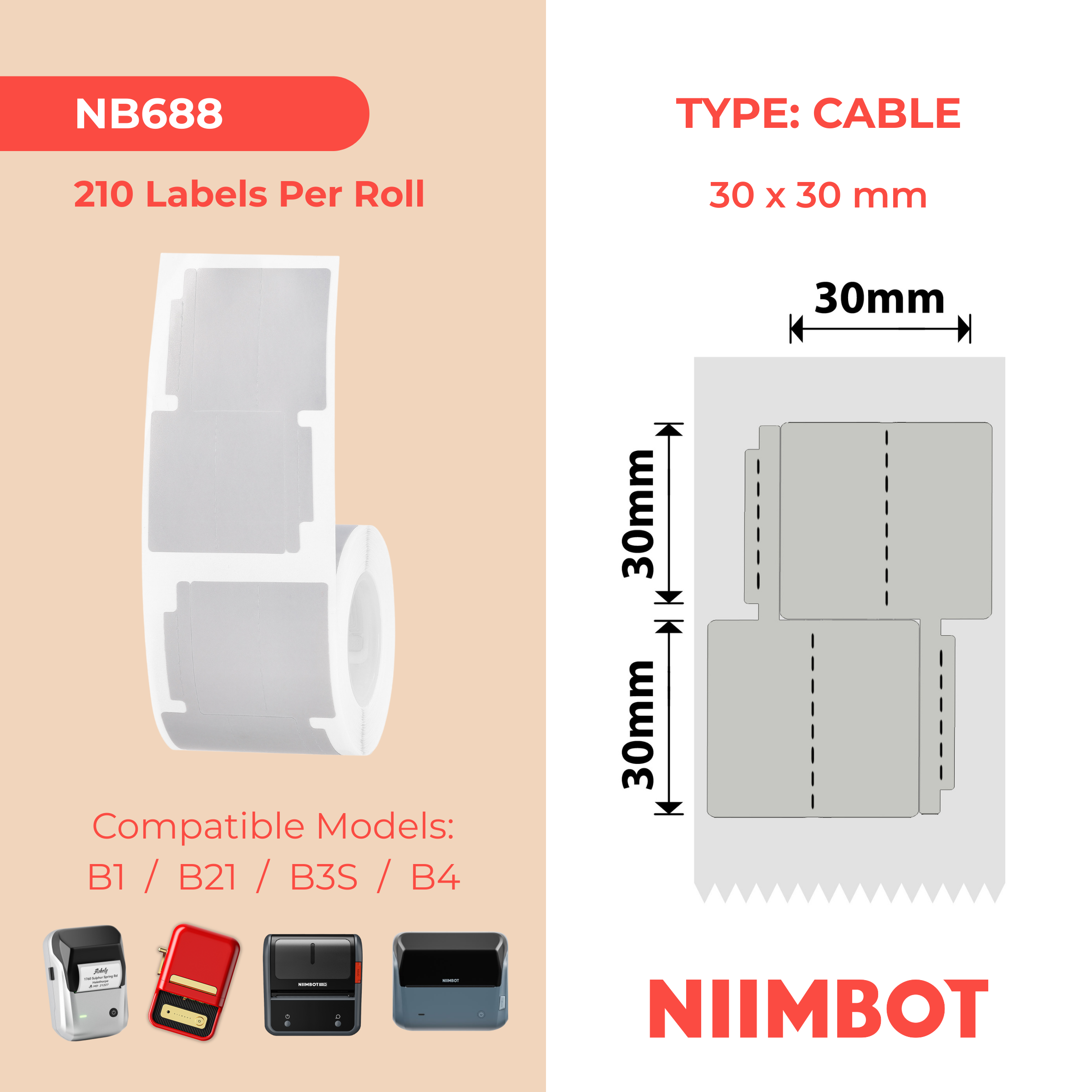 NB688 - NIIMBOT - B1 / B21 / B3S / B4 - 30MMX30MM+30MM/2L - 210 SILVER GREY DOUBLE ROW JEWELLERY VOID LABELS