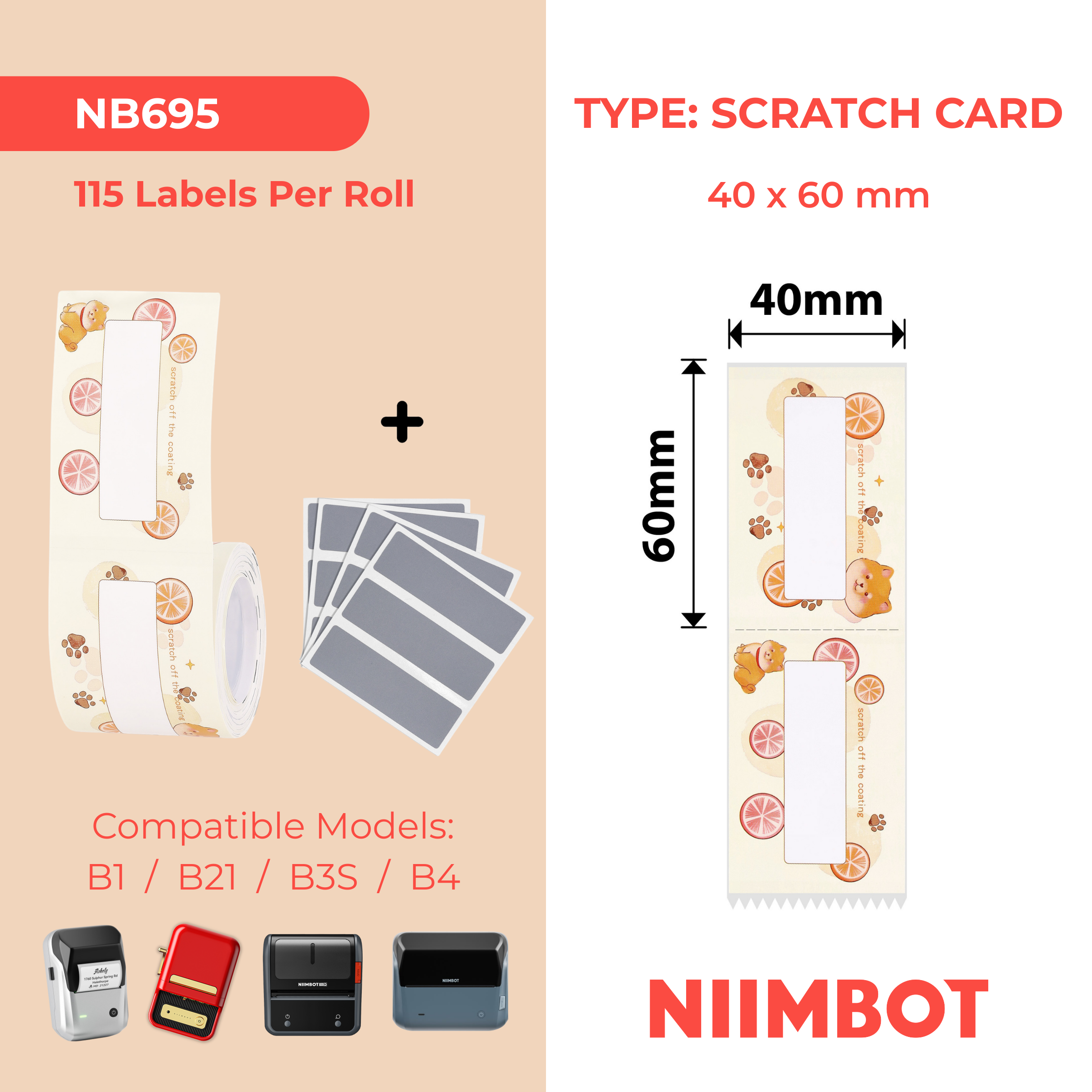 NB695 - NIIMBOT - B1 / B21 / B3S / B4 - 40X60MM - 115 LEMON YELLY SCRATCH CARDS LABELS