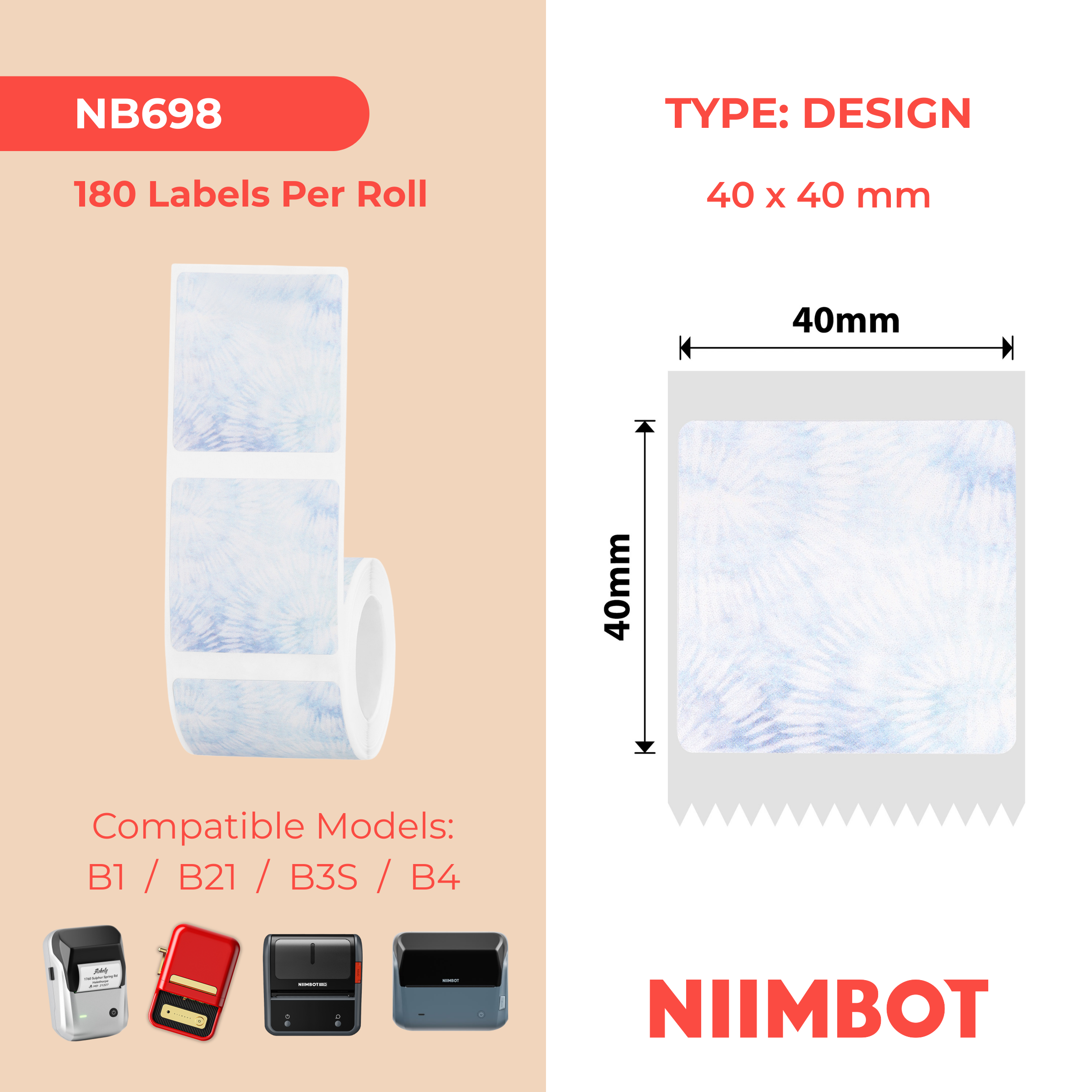 NB698 - NIIMBOT - B1 / B21 / B3S / B4 - 40X40MM - 180 BLUE TEXT JOURNAL STYLE LABELS