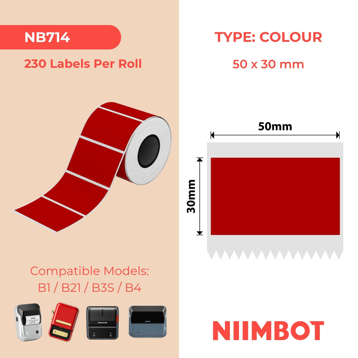 NIIMBOT - B Range - 50x30mm - Red - 230 Labels