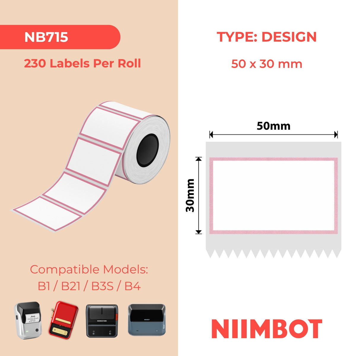NIIMBOT-Gamme B-50 x 30 mm-Bordure rose-230 étiquettes