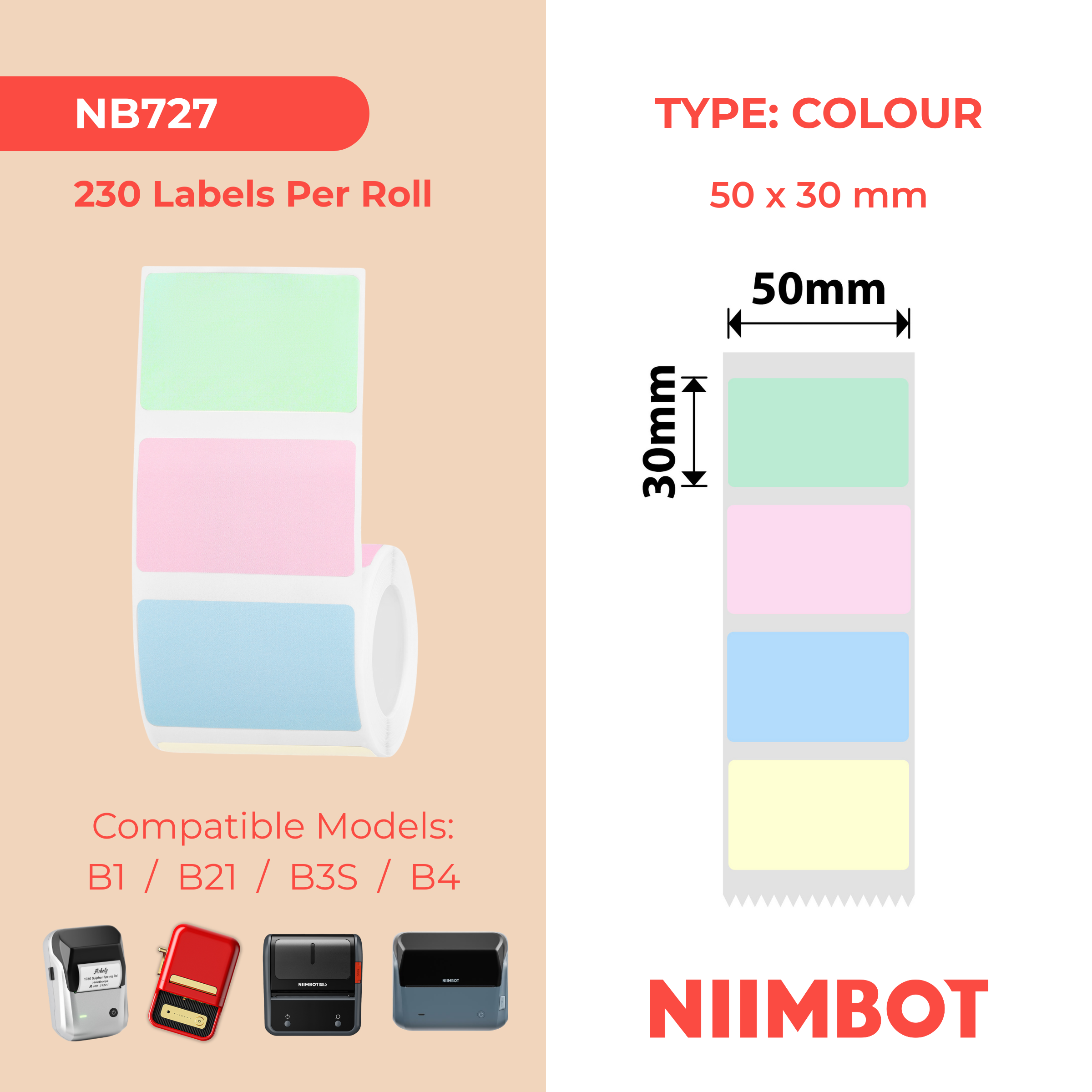 NB727 - NIIMBOT - B1 / B21 / B3S / B4 - 50X30MM - 230 COLORS IN ROLL LABELS