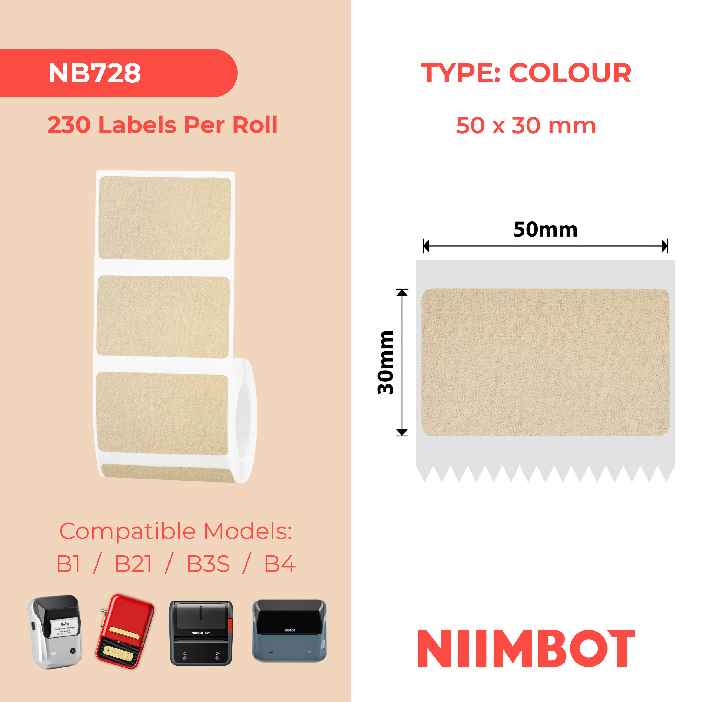 NB728 - NIIMBOT - B1 / B21 / B3S / B4 - 50X30MM - 230 KRAFT LABELS