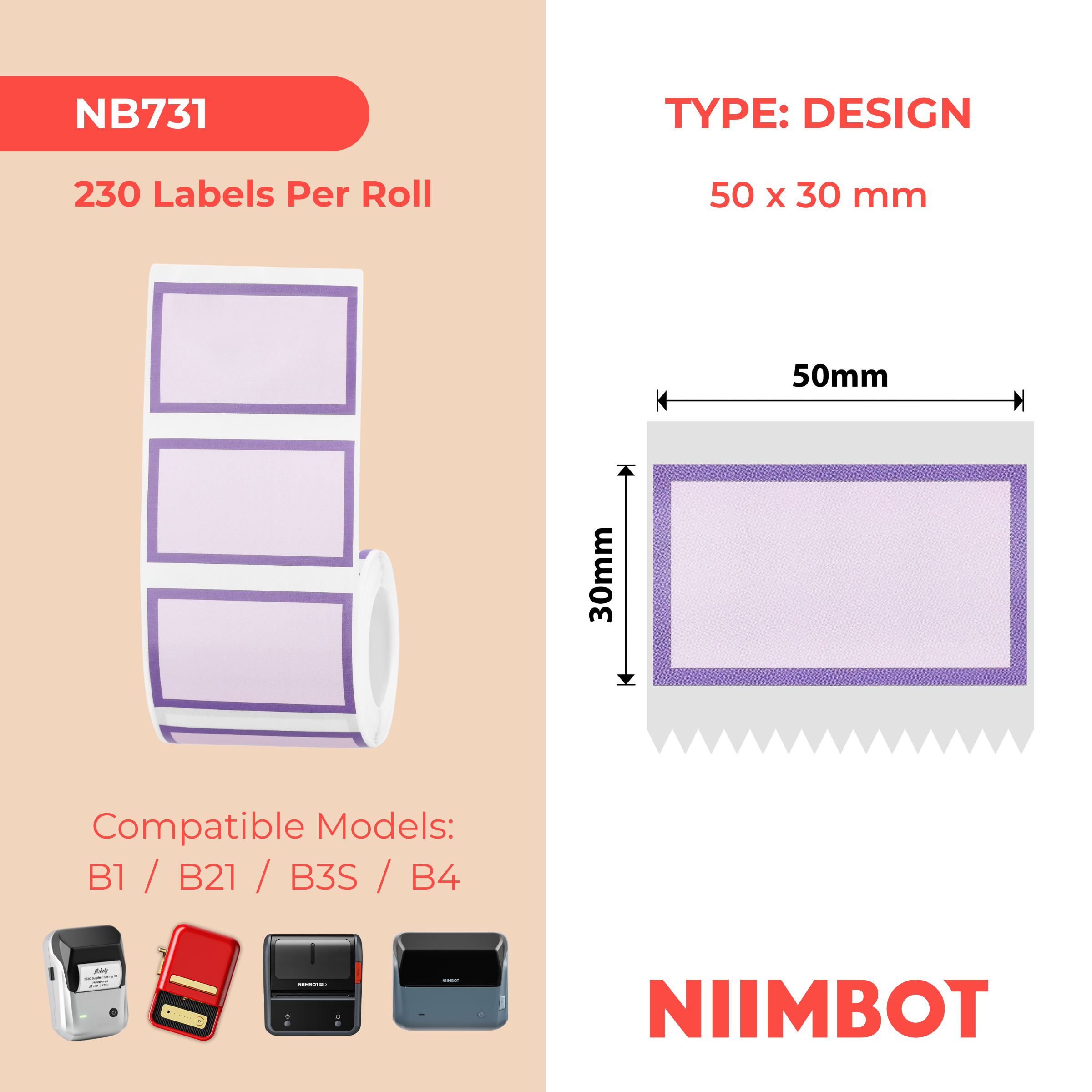NB731 - NIIMBOT - B1 / B21 / B3S / B4 - 50X30MM - 230 PURPLE BORDER LABELS