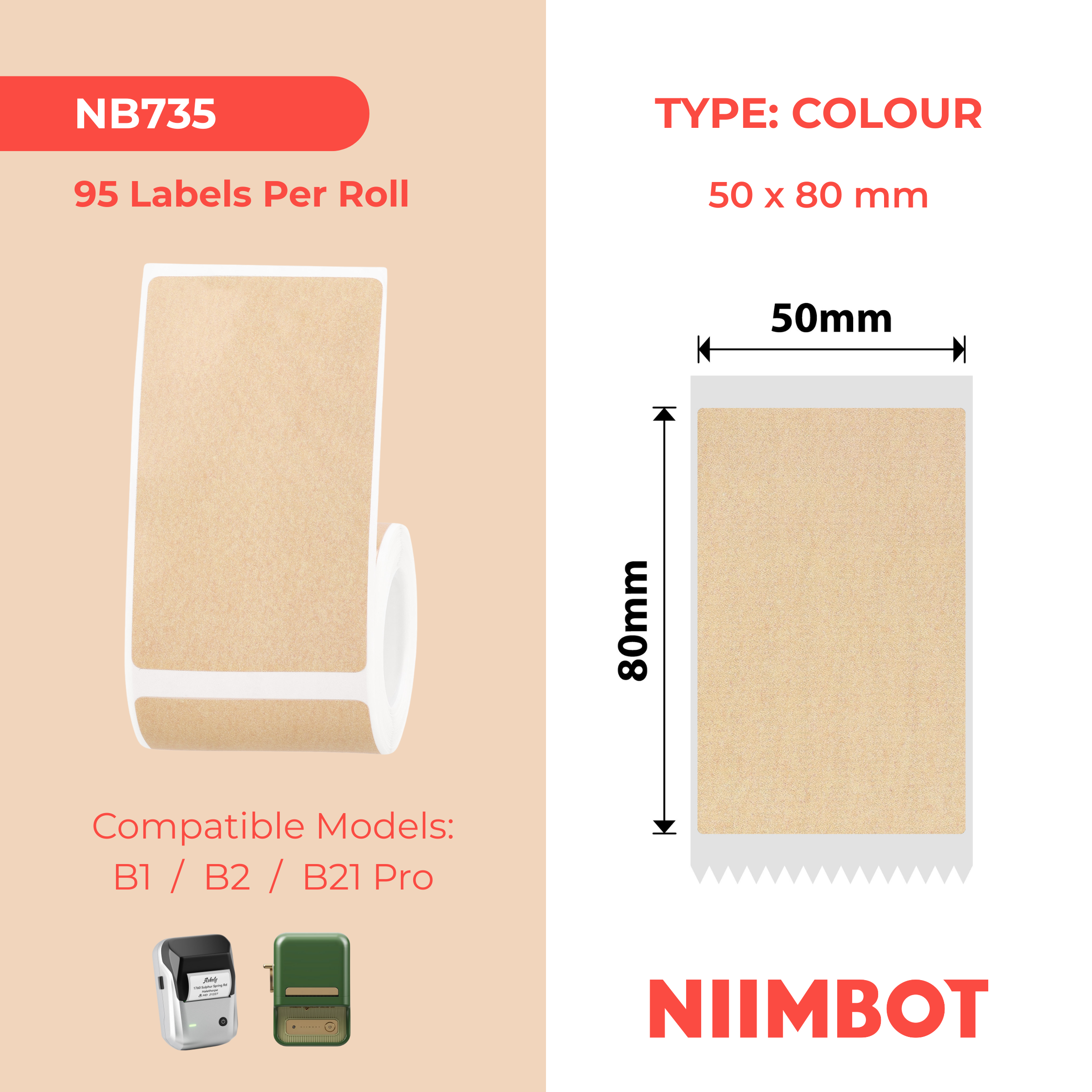 NB830 - NIIMBOT - B1_PRO / B21_PRO ONLY - 50X80MM - 95 KRAFT - DUAL COLOUR - RED & BLACK TEXT LABELS