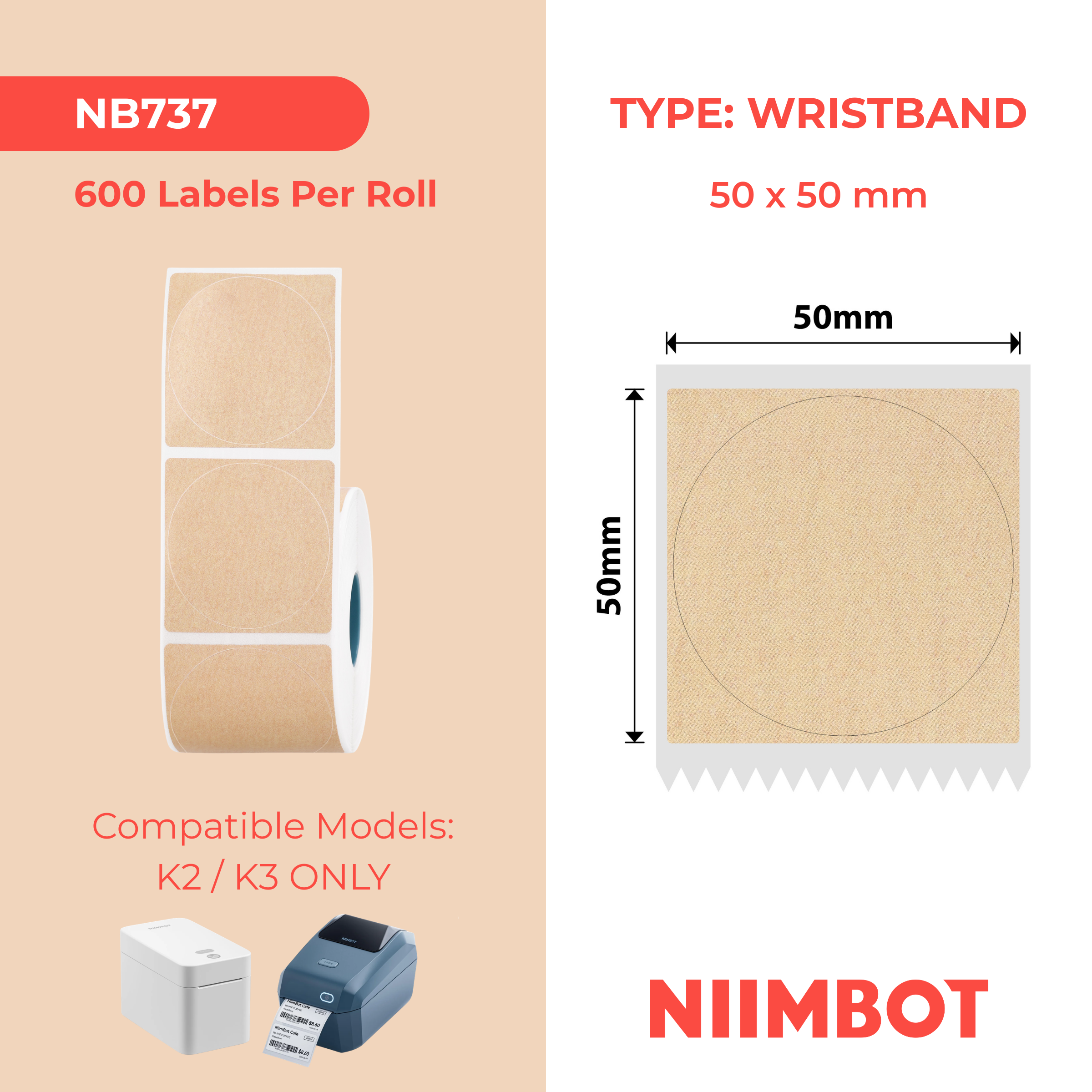NB737 - NIIMBOT - K2 / K3 - 50X50MM - 600 KRAFT ROUND LABELS